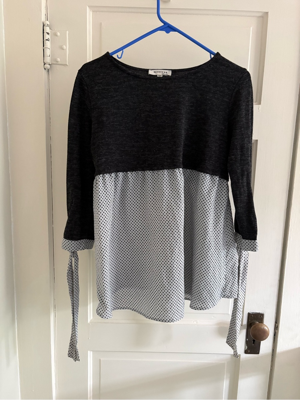 Monteau Maternity Grey Knit Top with White Polka-Dot Chiffon Panel